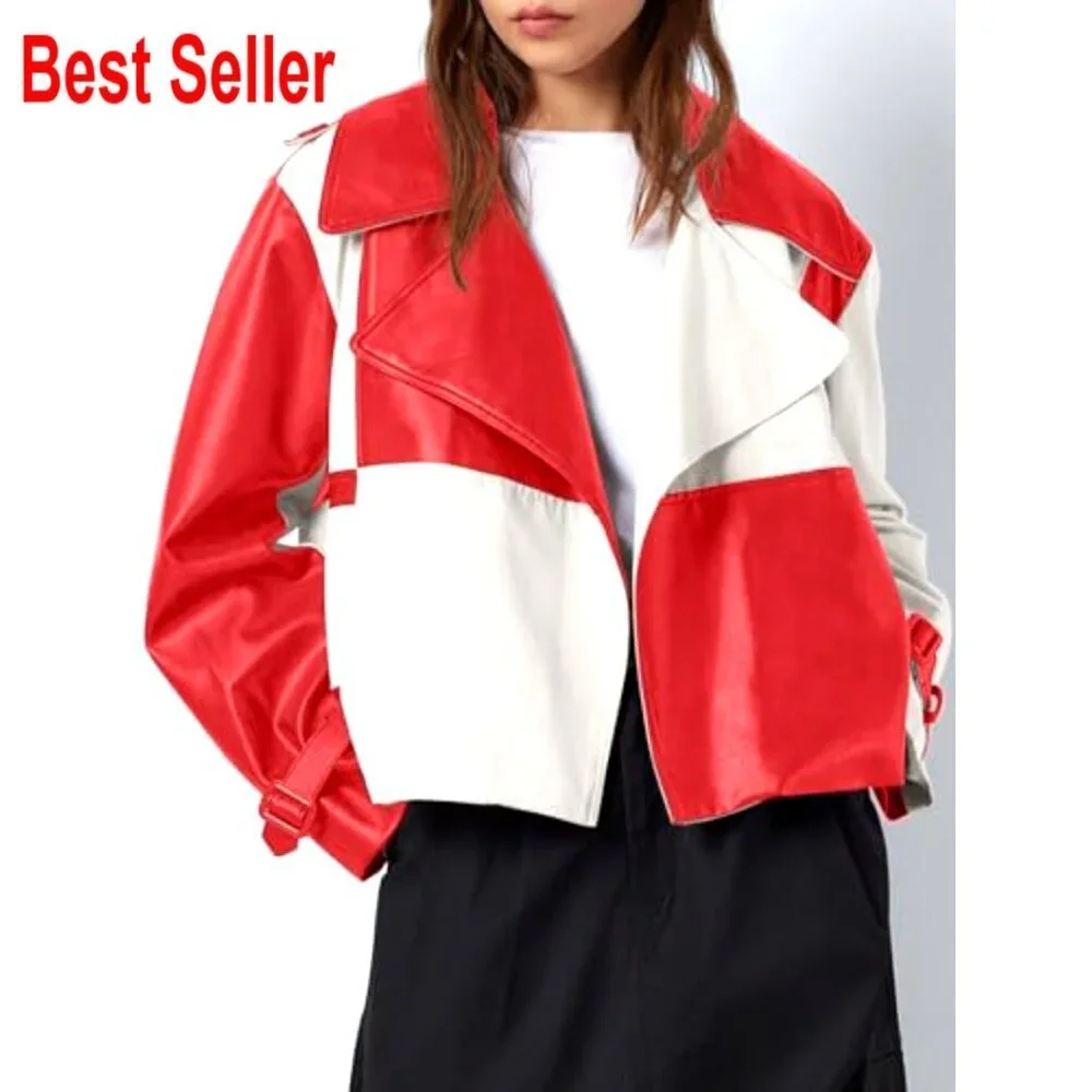 Oversized Cropped Leather Jacket with Color Block Design, Side Pockets - Picture 3 of 7